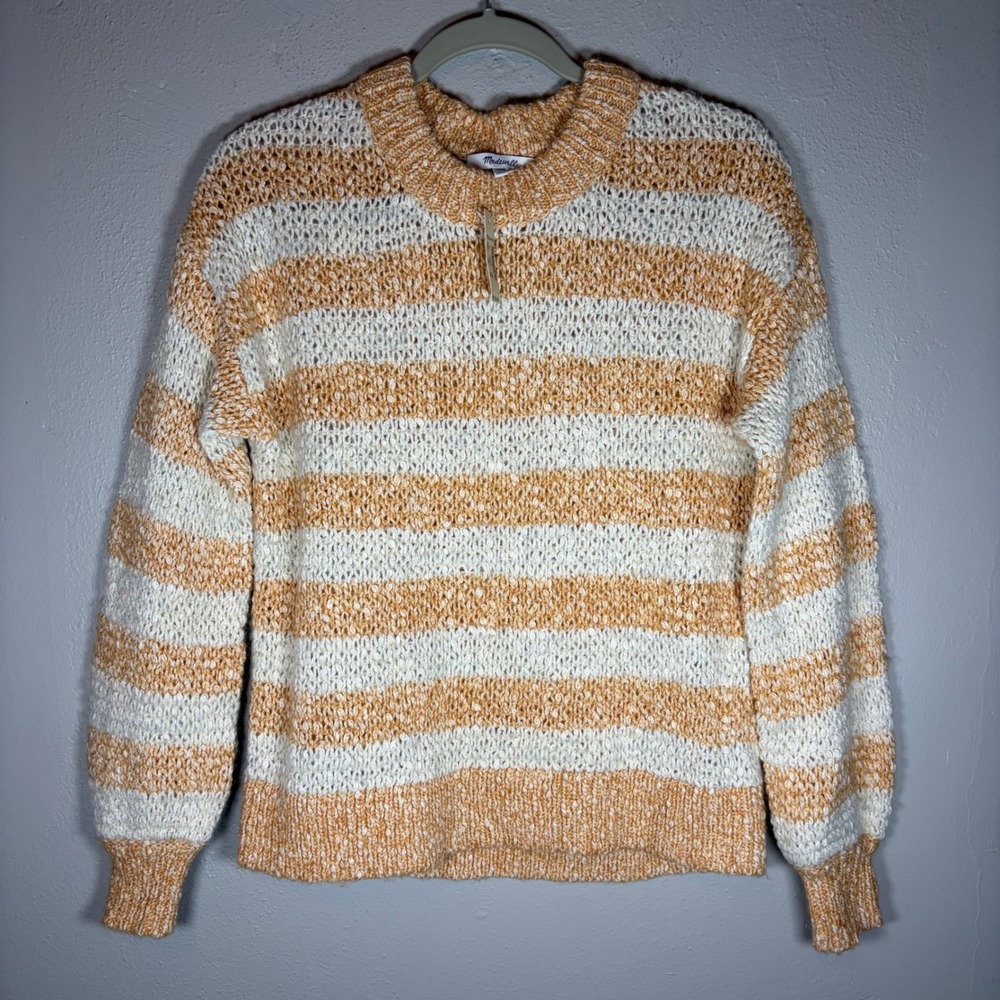 Madewell Striped Crewneck Sweater‎ Orange White Cotton Alpaca Wool AC792 XS NEW